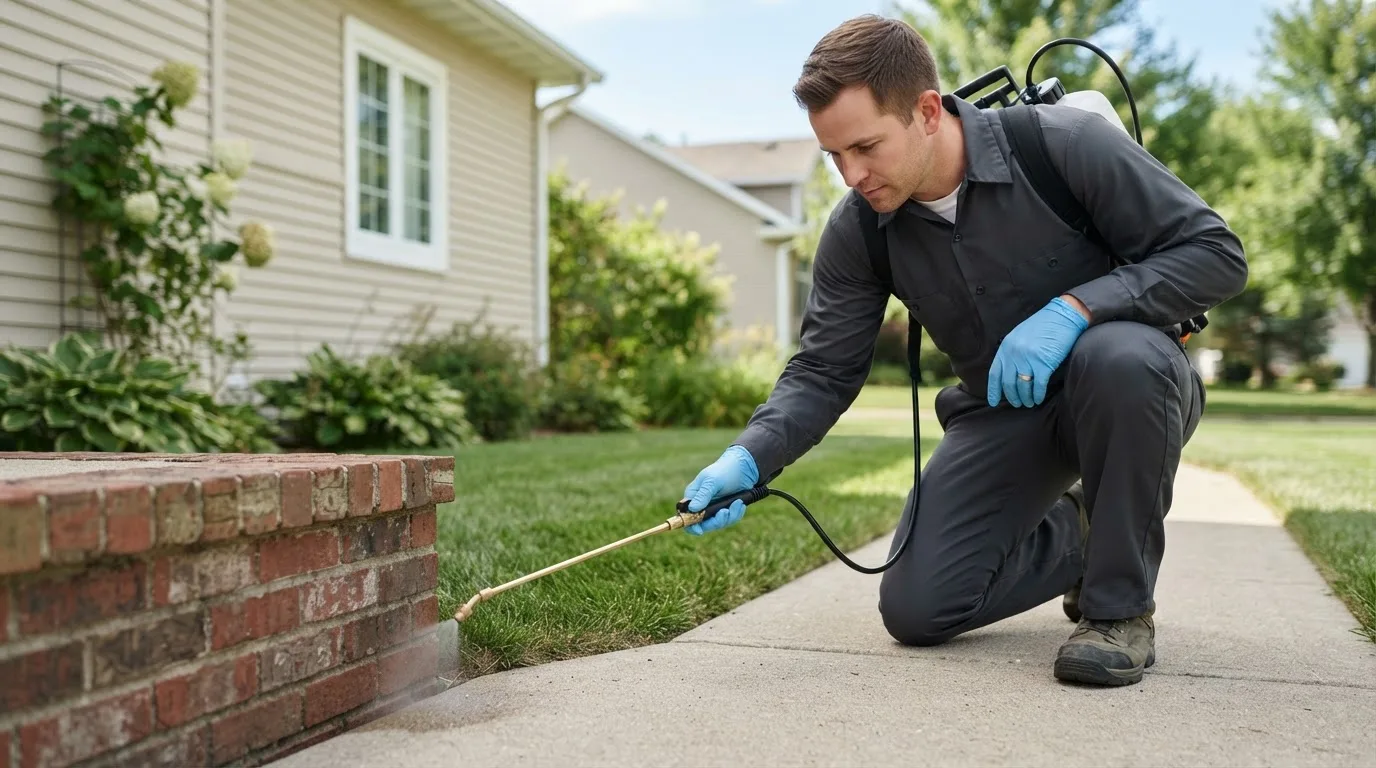 Pest control technician treating a home near Redding, CT
